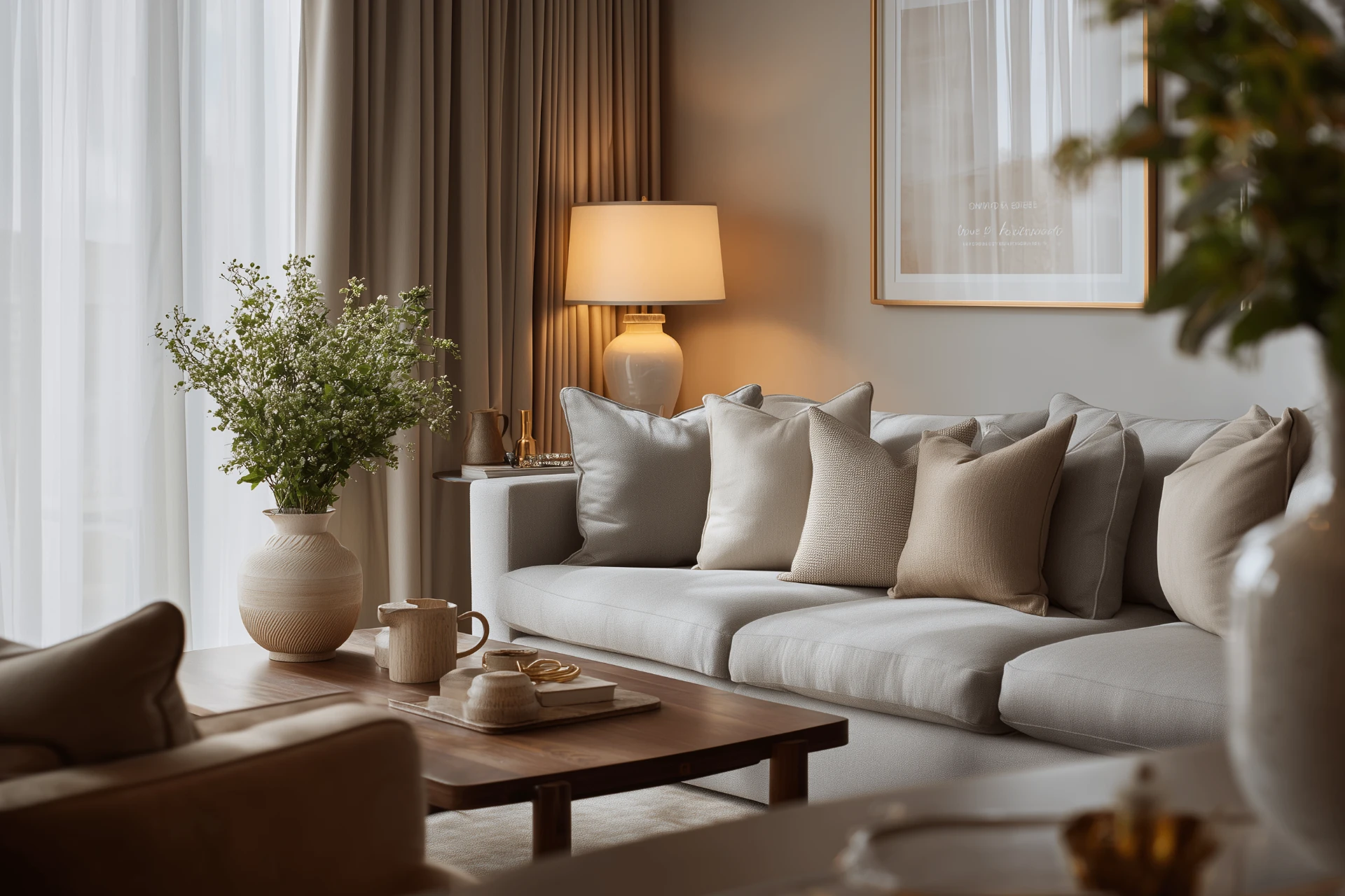 Elegant apartment living room showing an upmarket hospitality standard