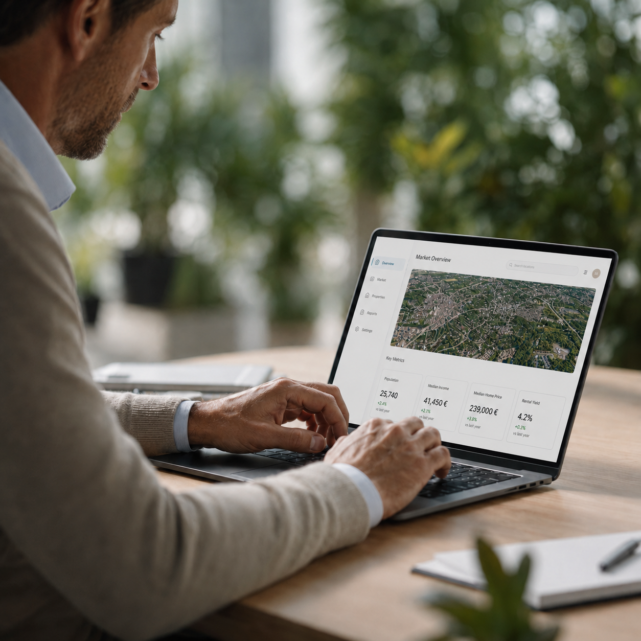 Editorial image of a European city property market with underwriting data overlay